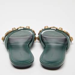 Pre Owned Balenciaga Green Leather Studded Cagole Flat Slides Size 38