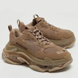 Pre Owned Balenciaga Brown Faux Leather and Mesh Triple S Low Top Sneakers Size 36