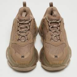 Pre Owned Balenciaga Brown Faux Leather and Mesh Triple S Low Top Sneakers Size 36