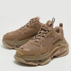 Pre Owned Balenciaga Brown Faux Leather and Mesh Triple S Low Top Sneakers Size 36