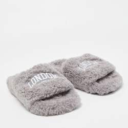 Pre Owned Balenciaga Grey Shearling Fur Flat Slides Size 40