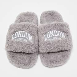 Pre Owned Balenciaga Grey Shearling Fur Flat Slides Size 40