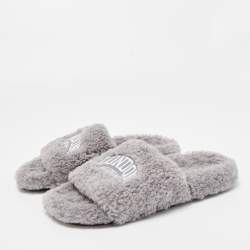 Pre Owned Balenciaga Grey Shearling Fur Flat Slides Size 40