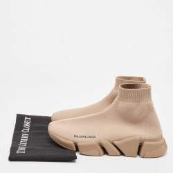 Pre Owned Balenciaga Light Brown Knit Fabric Speed Trainer Sneakers Size 39