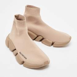 Pre Owned Balenciaga Light Brown Knit Fabric Speed Trainer Sneakers Size 39