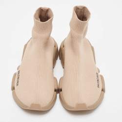 Pre Owned Balenciaga Light Brown Knit Fabric Speed Trainer Sneakers Size 39