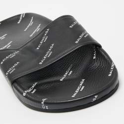 Pre Owned Balenciaga Black Leather Flat Slides Size 36