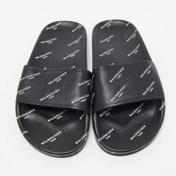Pre Owned Balenciaga Black Leather Flat Slides Size 36