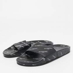 Pre Owned Balenciaga Black Leather Flat Slides Size 36