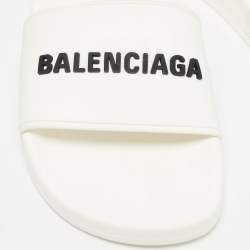 Pre Owned Balenciaga White Rubber Logo Pool Slides Size 38   