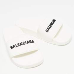 Pre Owned Balenciaga White Rubber Logo Pool Slides Size 38   