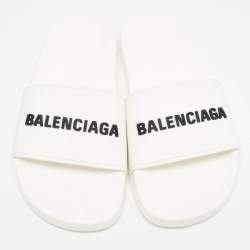 Pre Owned Balenciaga White Rubber Logo Pool Slides Size 38   