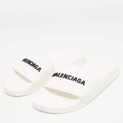 Pre Owned Balenciaga White Rubber Logo Pool Slides Size 38   
