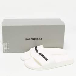 Pre Owned Balenciaga White Rubber Logo Pool Slides Size 38   