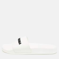 Pre Owned Balenciaga White Rubber Logo Pool Slides Size 38   