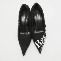 Pre Owned Balenciaga Black Logo Print Fabric Knife Pumps Size 37