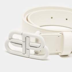 Pre Owned Balenciaga White Leather BB Buckle Belt 75 CM