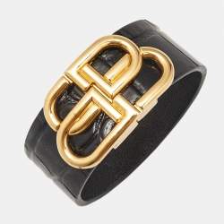 Balenciaga BB Black Leather Gold Tone Bracelet M