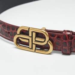 Pre Owned Balenciaga Burgundy Croc Embossed Leather BB Buckle Belt 75CM