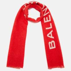 Pre Owned Balenciaga Red/Pink Logo Intarsia Cashmere Scarf 
