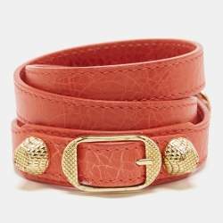 Pre Owned Balenciaga  Studded Arena Leather Gold Tone Triple Tour Bracelet 