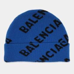 Pre Owned Balenciaga Blue Monogram Wool Knit Beanie