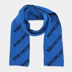 Pre Owned Balenciaga Black/Blue Logo Intarsia Wool And Camel Hair Scarf
