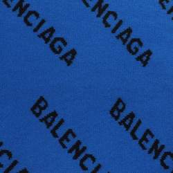 Pre Owned Balenciaga Black/Blue Logo Intarsia Wool And Camel Hair Scarf