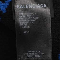 Pre Owned Balenciaga Black/Blue Logo Intarsia Wool And Camel Hair Scarf