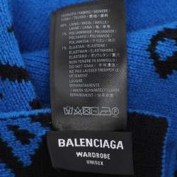 Pre Owned Balenciaga Black/Blue Logo Intarsia Wool And Camel Hair Scarf