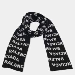 Pre Owned Balenciaga Black/White Logo Intarsia Wool Blend Scarf