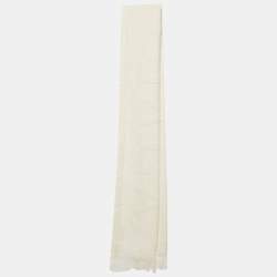 Pre Owned Balenciaga White Logo Terry Cotton Fringed Scarf