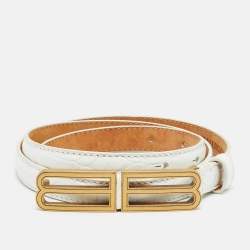 Pre Owned Balenciaga BB Stretch 80 CM Buckle Belt White Croc Embossed Leather