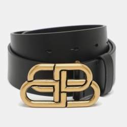 مملوكة مسبقًا Balenciaga Black Leather BB Buckle Belt 75CM