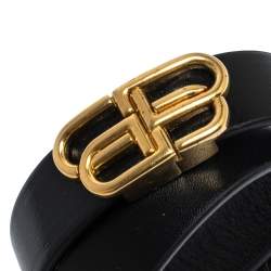 Pre Owned Balenciaga Black Leather BB Double Wrap Bracelet S