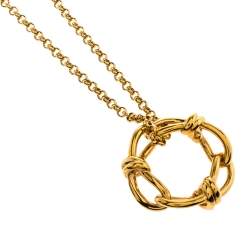 Balenciaga Continuity Bow Round Pendant Gold Tone Necklace