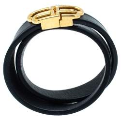 Pre Owned Balenciaga Black Leather BB Double Wrap Bracelet M