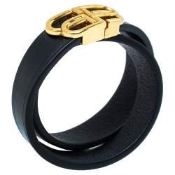 Pre Owned Balenciaga Black Leather BB Double Wrap Bracelet M
