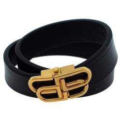 Pre Owned Balenciaga Black Leather BB Double Wrap Bracelet M