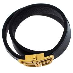 Pre Owned Balenciaga Black Leather BB Double Wrap Bracelet M