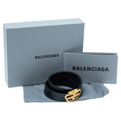 Pre Owned Balenciaga Black Leather BB Double Wrap Bracelet M