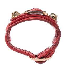 Pre Owned Balenciaga Red Leather Arena Giant Studded Rose Gold Tone Bracelet