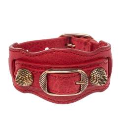 Pre Owned Balenciaga Red Leather Arena Giant Studded Rose Gold Tone Bracelet