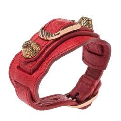 Pre Owned Balenciaga Red Leather Arena Giant Studded Rose Gold Tone Bracelet
