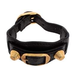 Pre Owned Balenciaga Black Leather Arena Giant Studded Gold Tone Bracelet