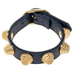 Pre Owned Balenciaga Arena Giant Gold Tone Studded Navy Blue Leather Bracelet M