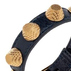 Pre Owned Balenciaga Arena Giant Gold Tone Studded Navy Blue Leather Bracelet M