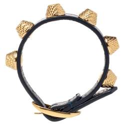 Pre Owned Balenciaga Arena Giant Gold Tone Studded Navy Blue Leather Bracelet M