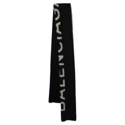 Pre Owned Balenciaga Monochrome Logo Intarsia Knit Cashmere & Wool Stole