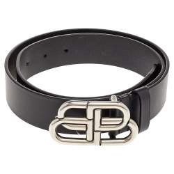 Pre Owned Balenciaga Black Leather BB Buckle Belt 85cm
